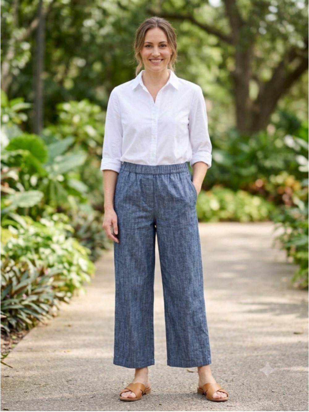 FLAX 100% Cotton Pull On Elastic Waist Chambray Blue Cropped Pant Wide Leg MED